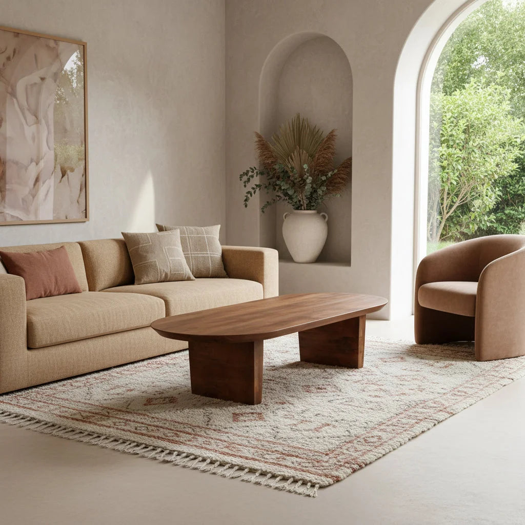 Table basse en bois massif marron forme capsule 140x60 cm
