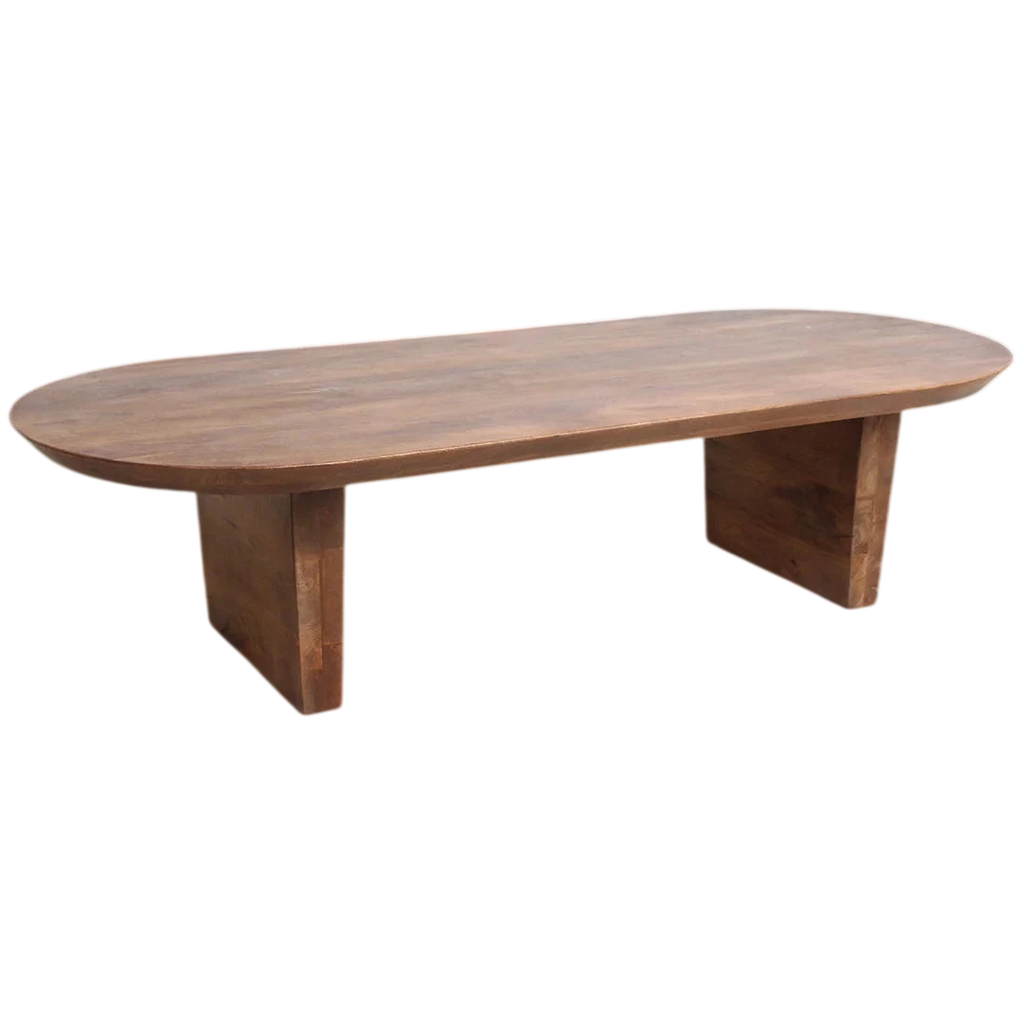 Table basse ovale en bois massif marron, 140x60 cm, finition claire et pieds robustes