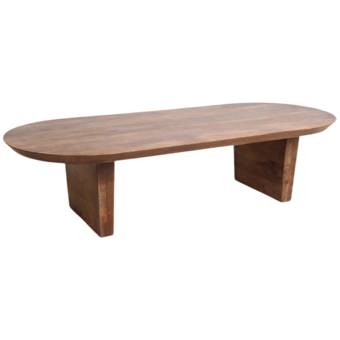 Table basse ovale en bois massif marron, 140x60 cm, finition claire et pieds robustes