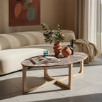 Table basse ovale marbre veiné rouge bois clair 120x60 cm moderne