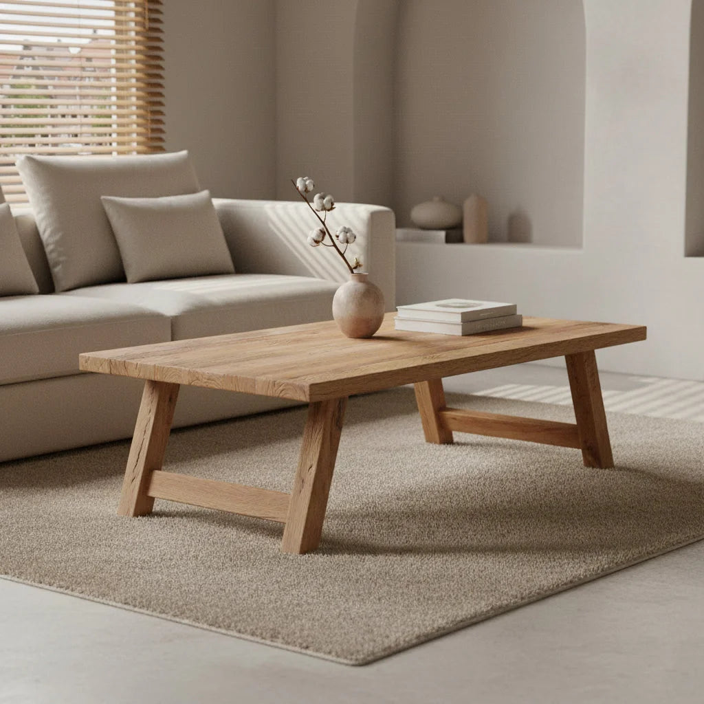 Table basse rectangulaire en bois recyclé brut miel 140x65 cm