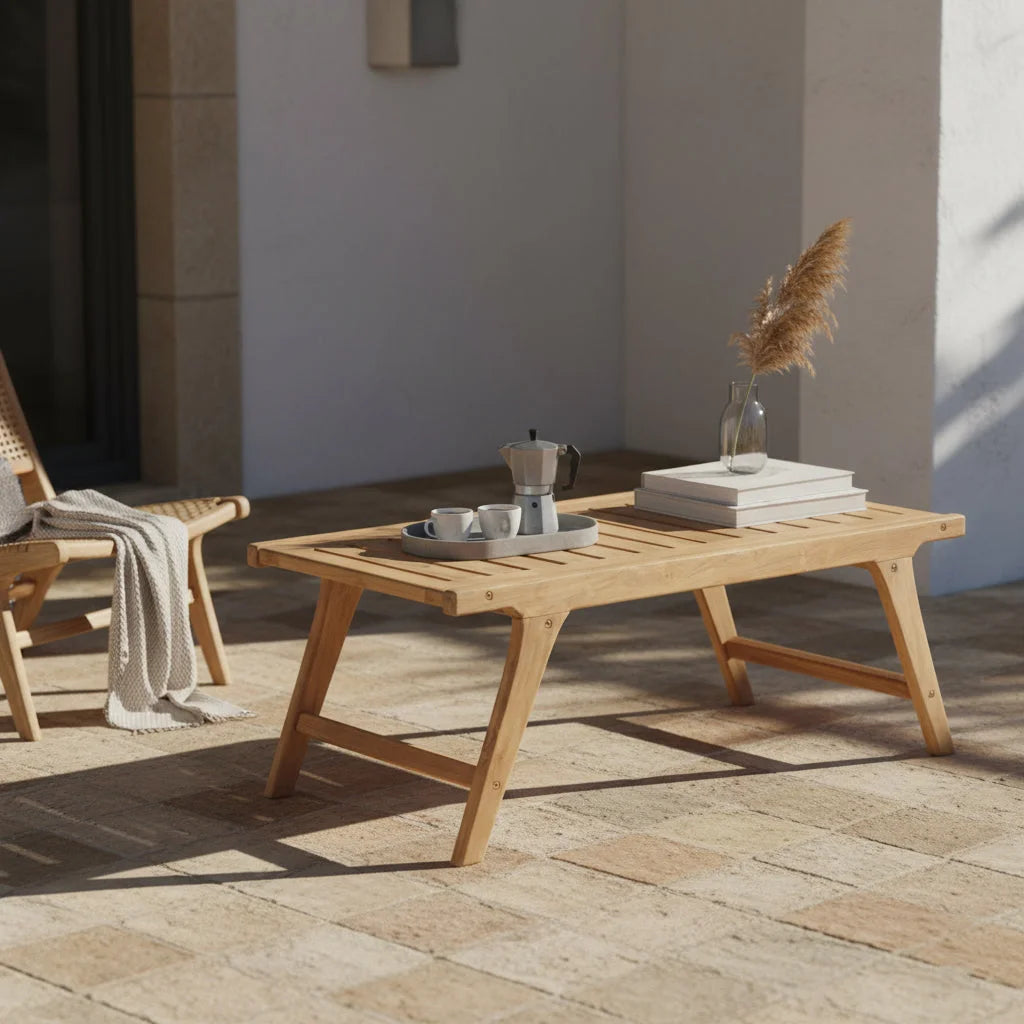 Table basse rectangulaire en teck naturel 100x50 cm pour extérieur