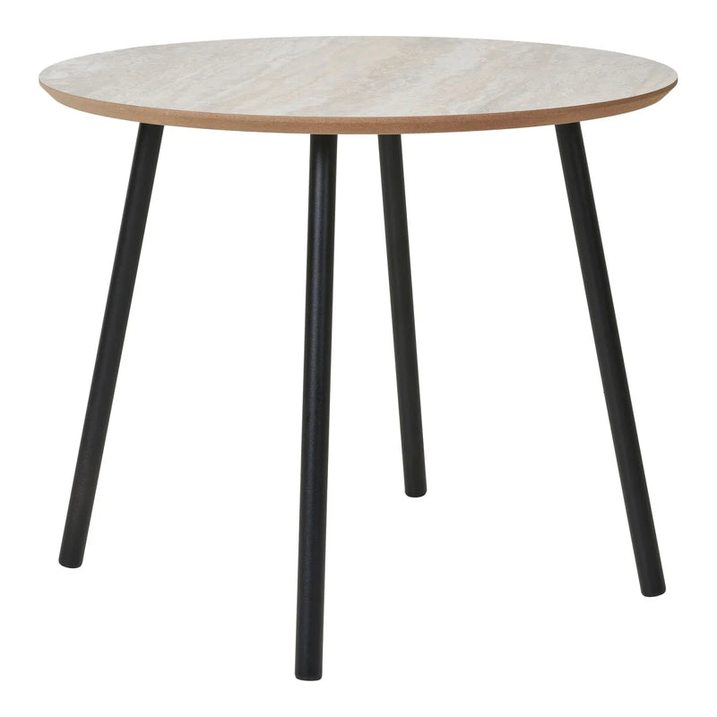 Table basse ronde aspect travertin pieds noirs en métal – Ø55 cm