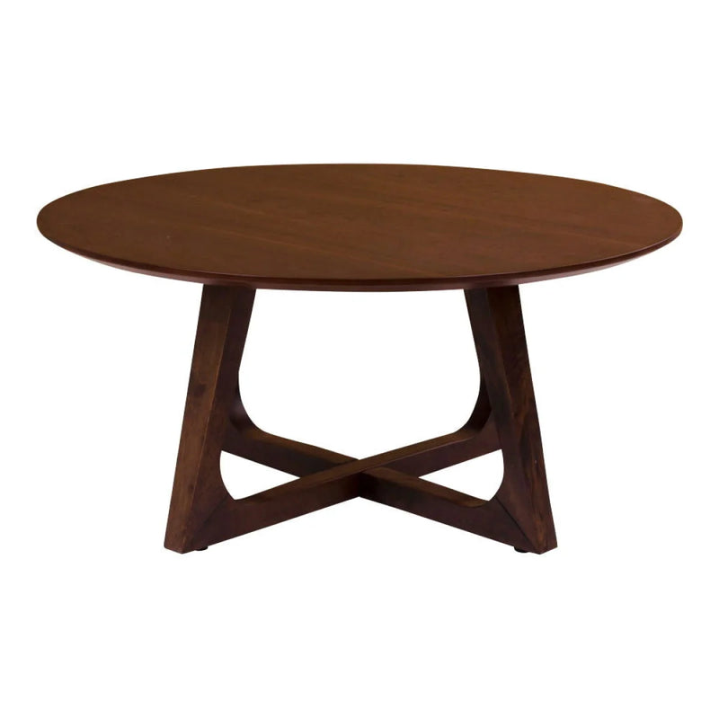 Table basse ronde en bois placage noyer brun pieds triangulaires – Ø75 cm