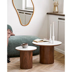 Deux tables basses rondes effet marbre blanc et bois noyer, Ø60 cm