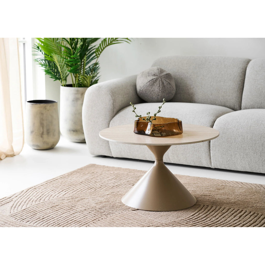 Table basse ronde effet travertin sable pied conique Ø70 cm