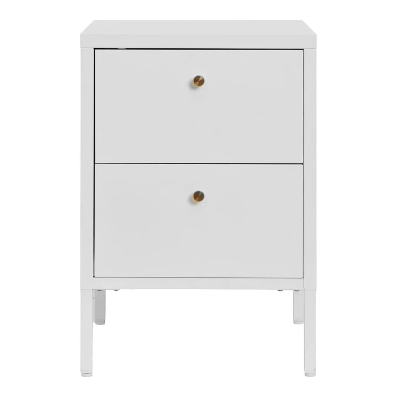 Table de chevet en métal blanc à deux tiroirs boutons dorés – 40x40 cm