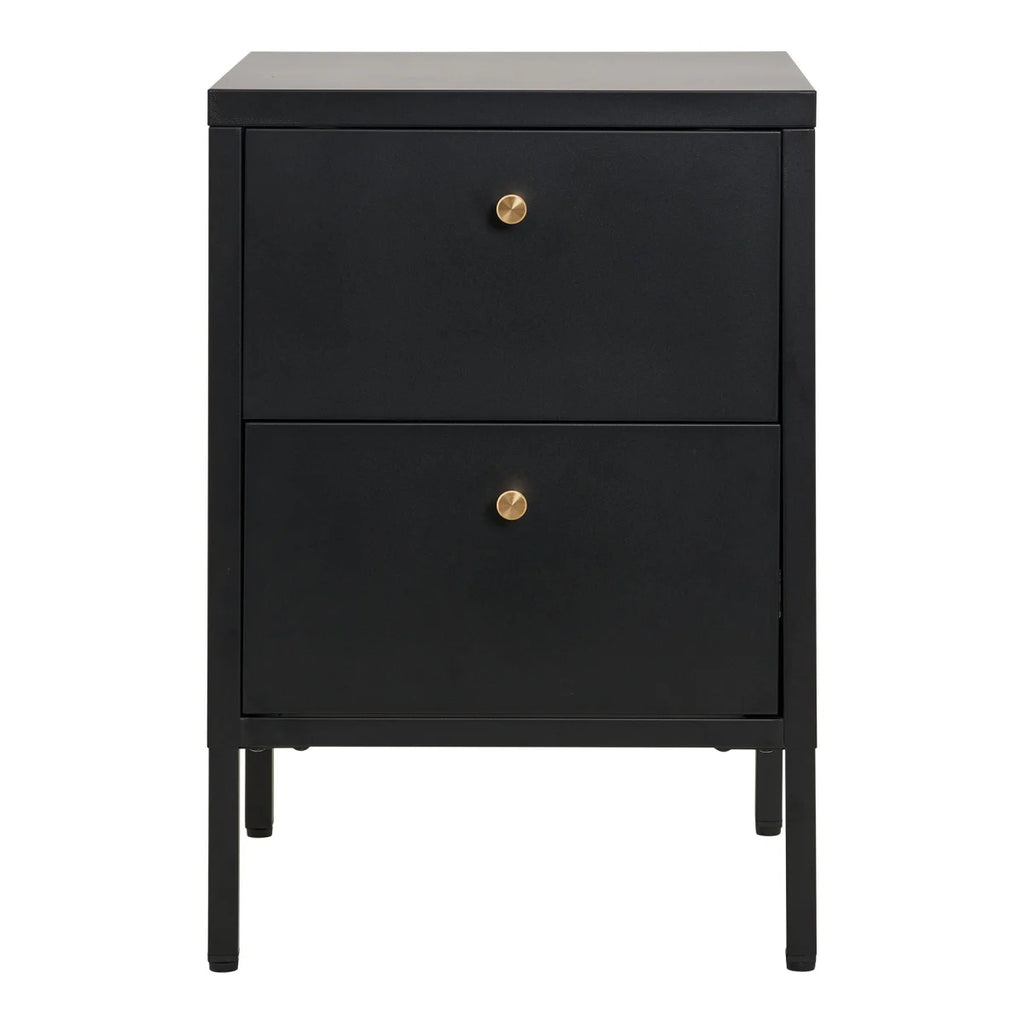 Table de chevet métal noir mat 2 tiroirs poignées dorées 40x40 cm