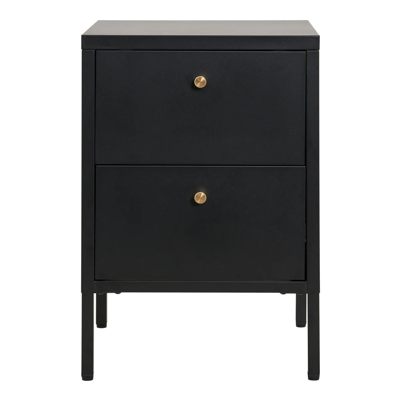 Table de chevet métal noir mat poignées dorées 2 tiroirs – 40x40 cm