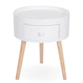  Table de chevet ronde scandinave blanche avec tiroir, idéale pour un style minimaliste.
