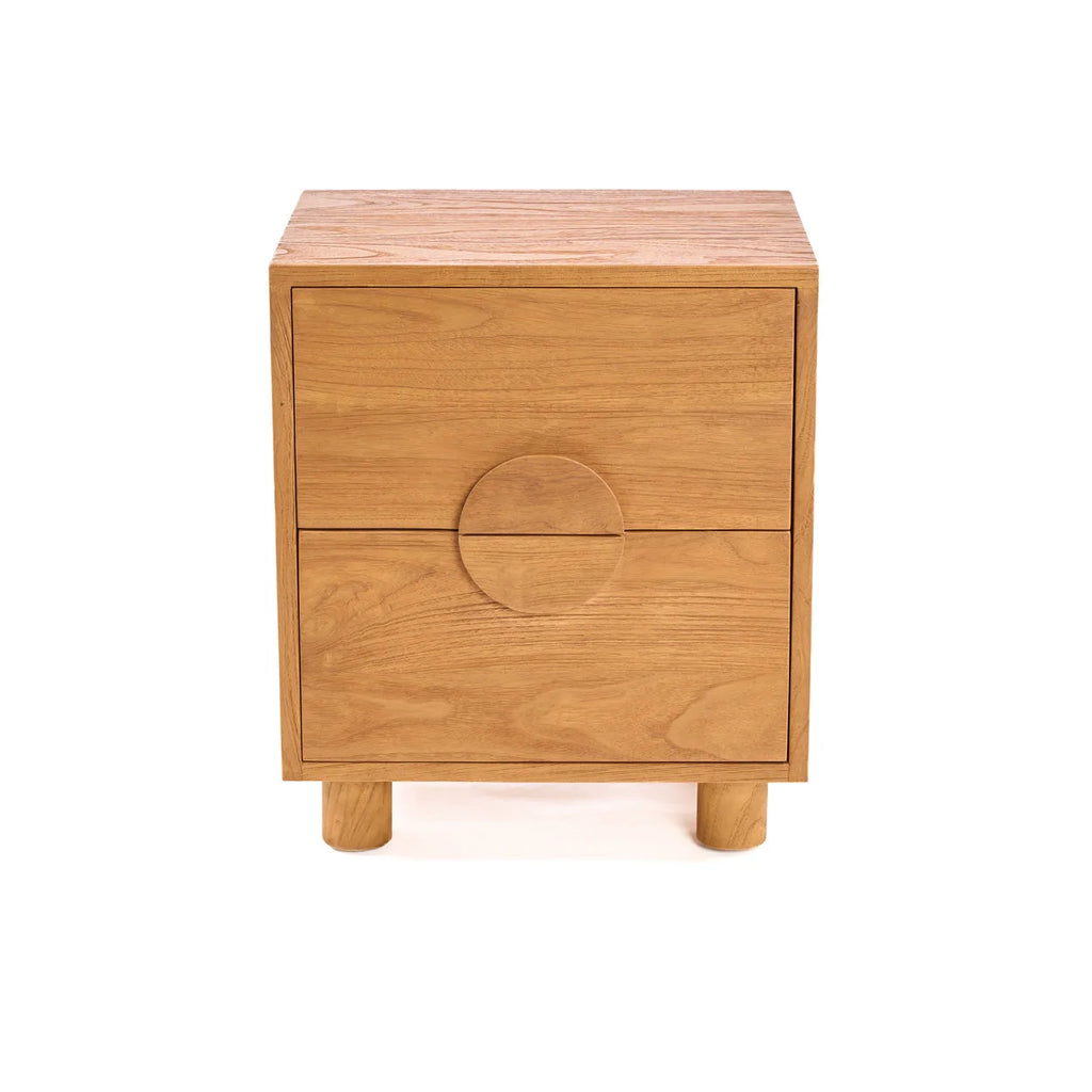 Table de chevet teck massif 2 tiroirs poignées circulaires 50x40 cm