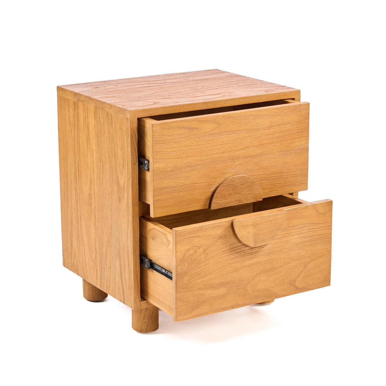 Table de chevet teck massif 2 tiroirs poignées circulaires 50x40 cm