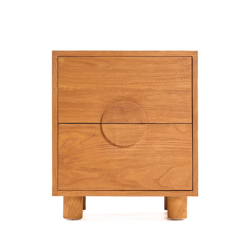 Table de chevet teck massif poignées circulaires 2 tiroirs – 50x40 cm