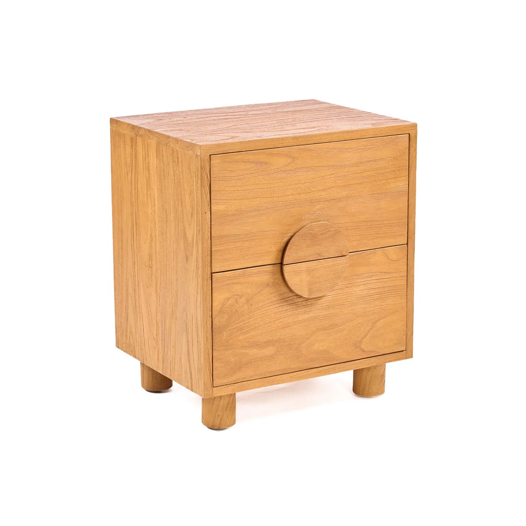 Table de chevet teck massif 2 tiroirs poignées circulaires 50x40 cm