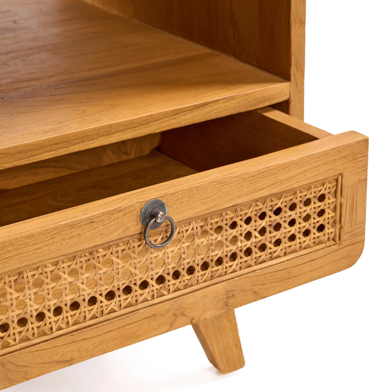 Table de chevet vintage en teck clair et rotin, 50x50 cm