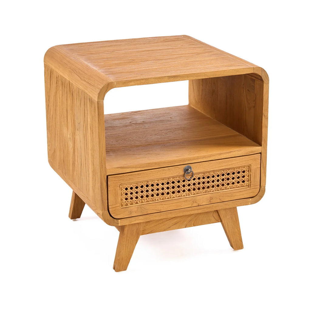 Table de chevet en teck clair et rotin, style vintage, 50x50 cm