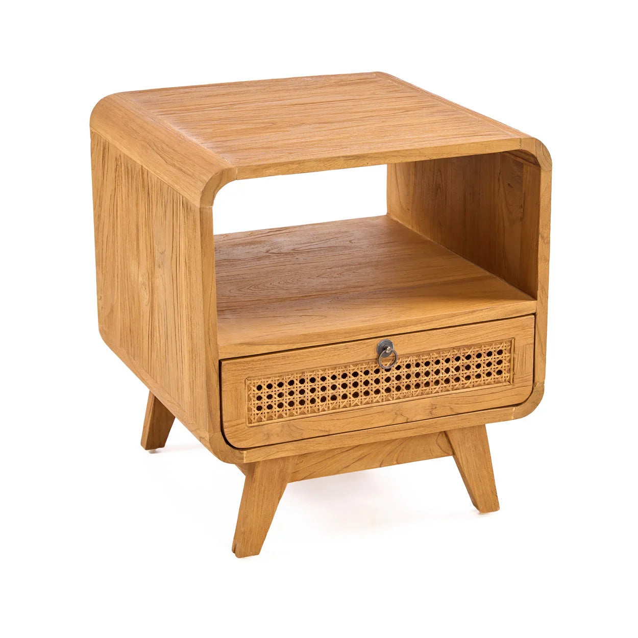 Table de chevet en teck clair et rotin, style vintage, 50x50 cm