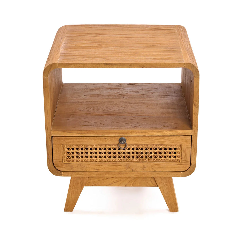 Table de chevet vintage en teck clair et rotin, 50x50 cm