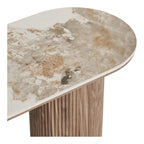 Table console effet marbre blanc veiné sur base bois strié, 120x40 cm