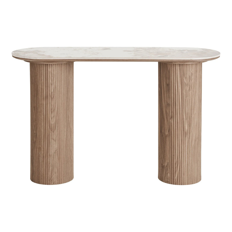 Table console effet marbre blanc pieds colonne bois strié – 120x40 cm