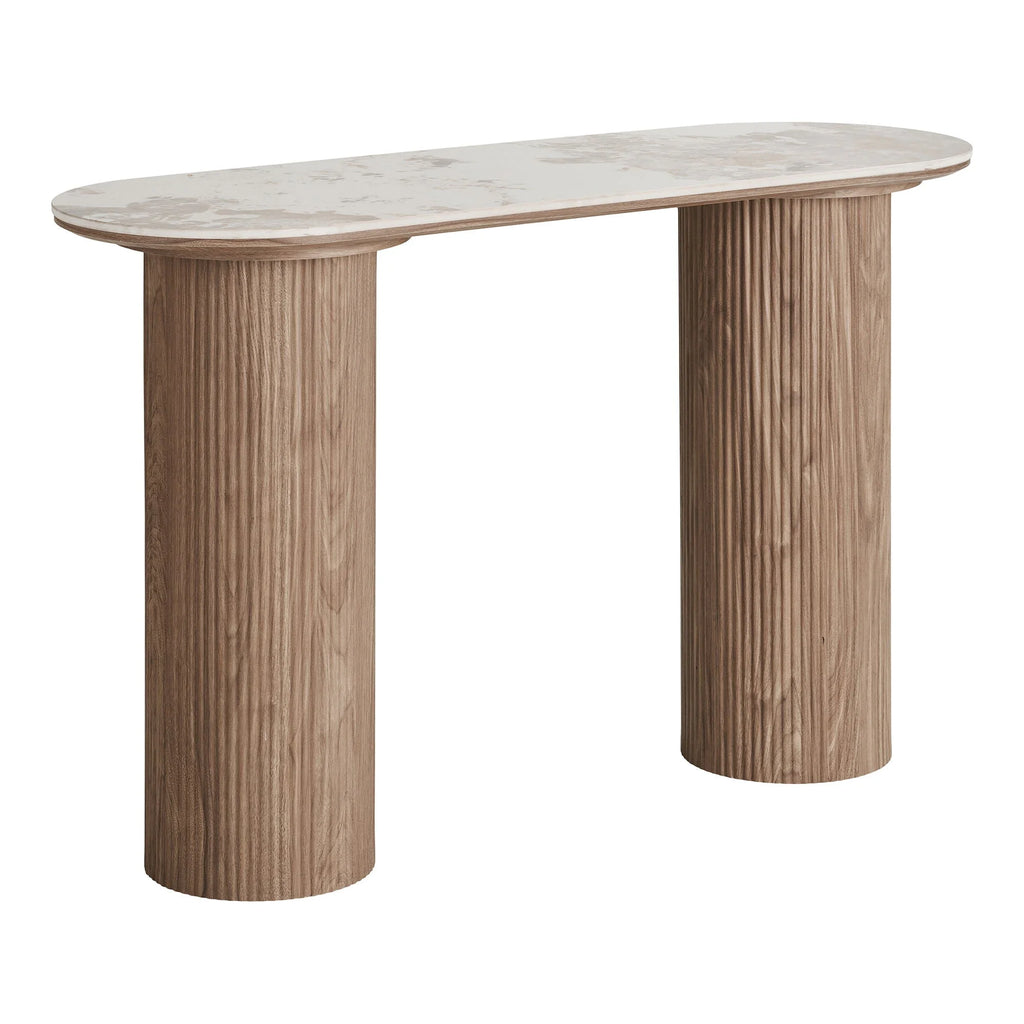 Table console moderne marbre blanc ovale et pieds chêne striés 120x40 cm