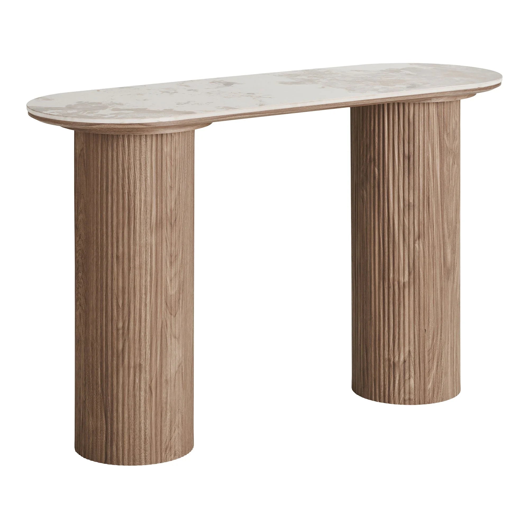 Table console moderne marbre blanc ovale et pieds chêne striés 120x40 cm