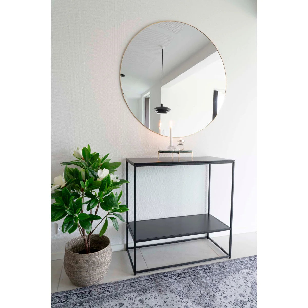 Table console noire en métal avec étagères rectangulaires 80x36 cm
