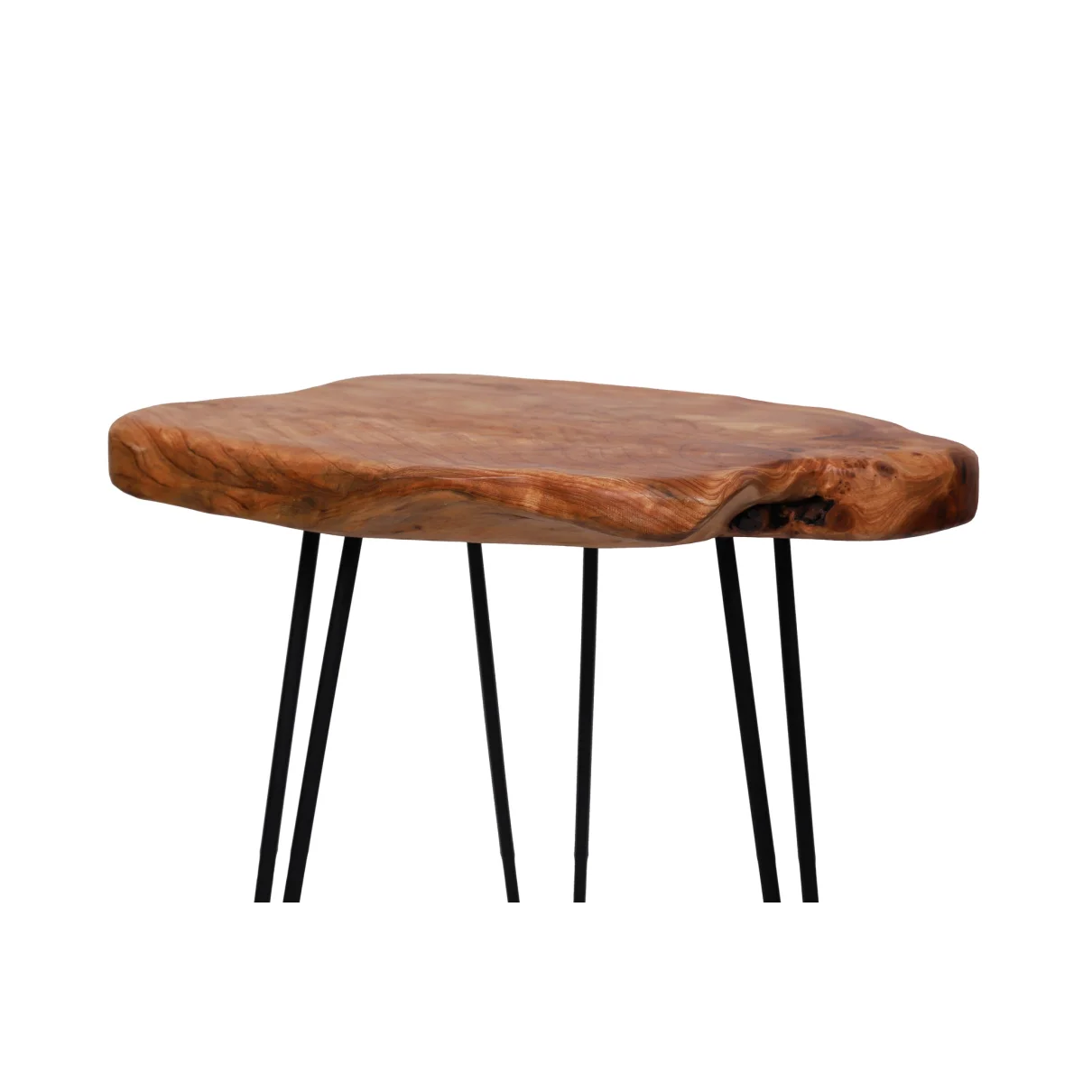 Tabouret en bois naturel à bord irrégulier avec pieds en métal noir, diamètre 45 cm