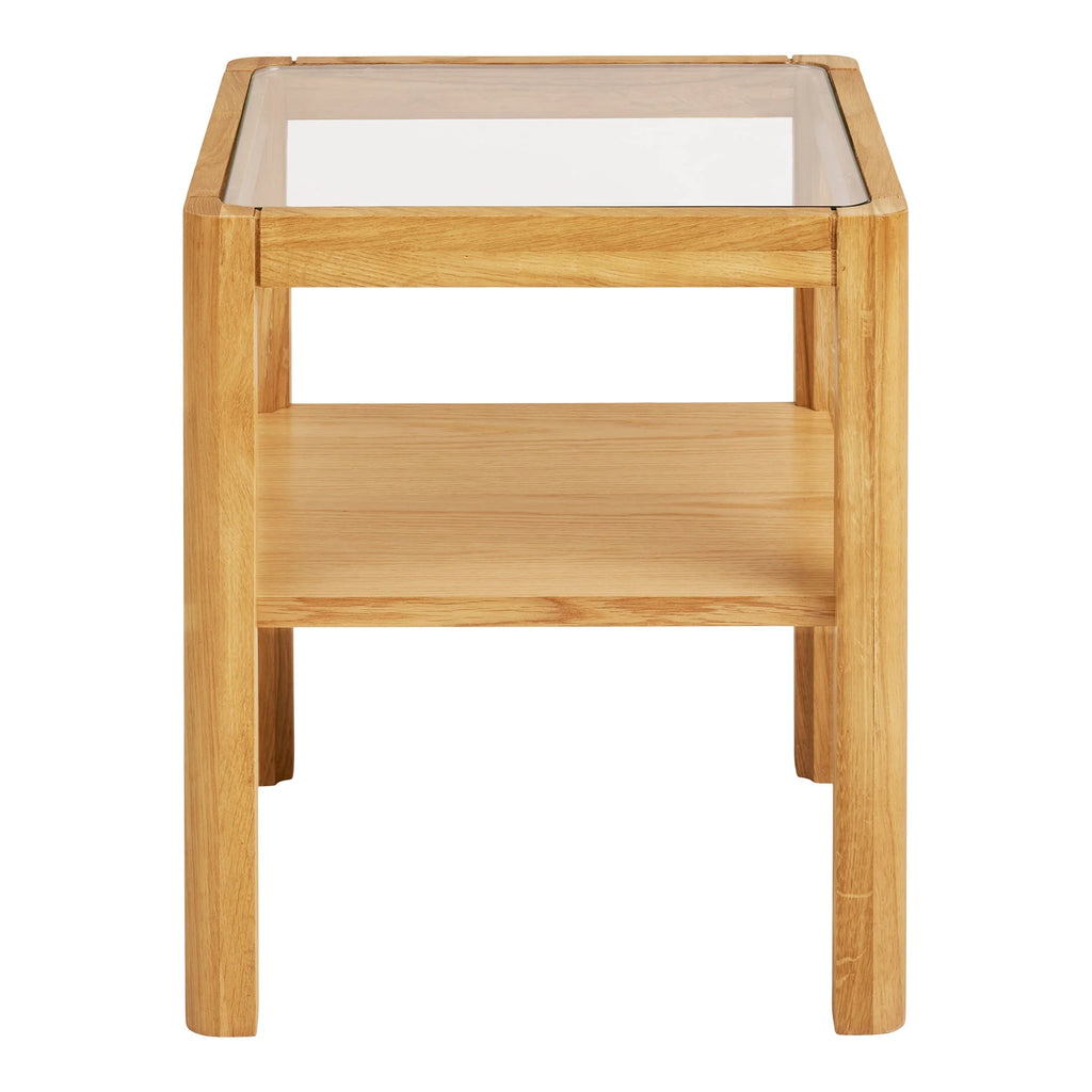 Table d’appoint carrée en chêne clair et verre trempé 40x40 cm