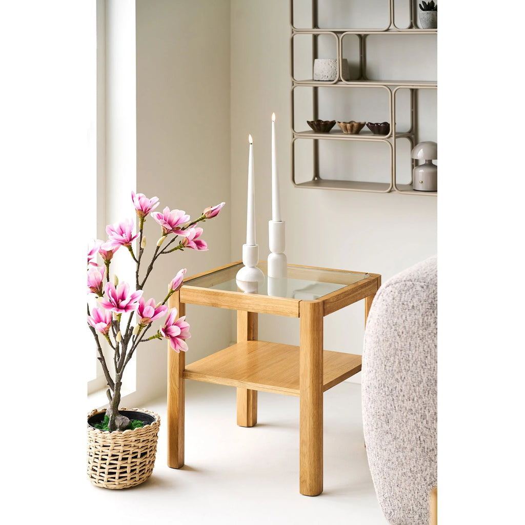 Table d’appoint carrée en chêne naturel et verre trempé 40x40 cm