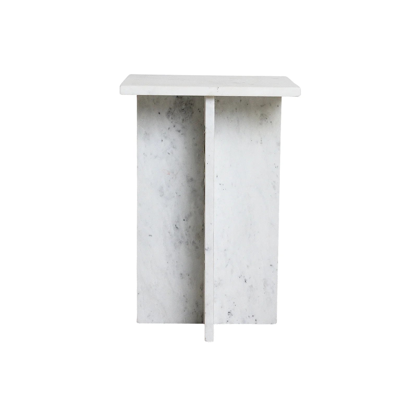 Table d’appoint carrée en marbre blanc veiné, design minimaliste sculptural 35 cm