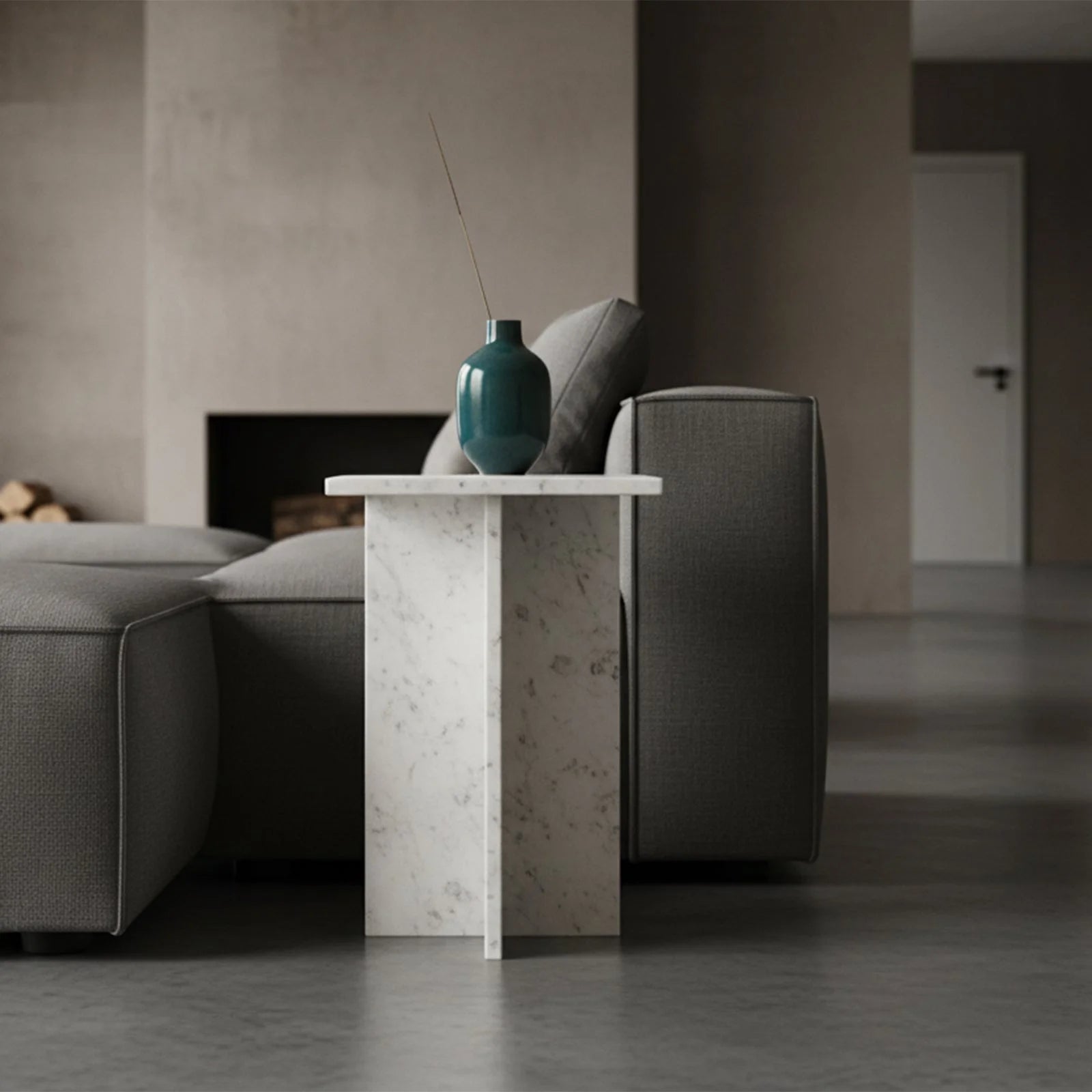 Table d’appoint carrée en marbre blanc veiné sculptural 35 cm