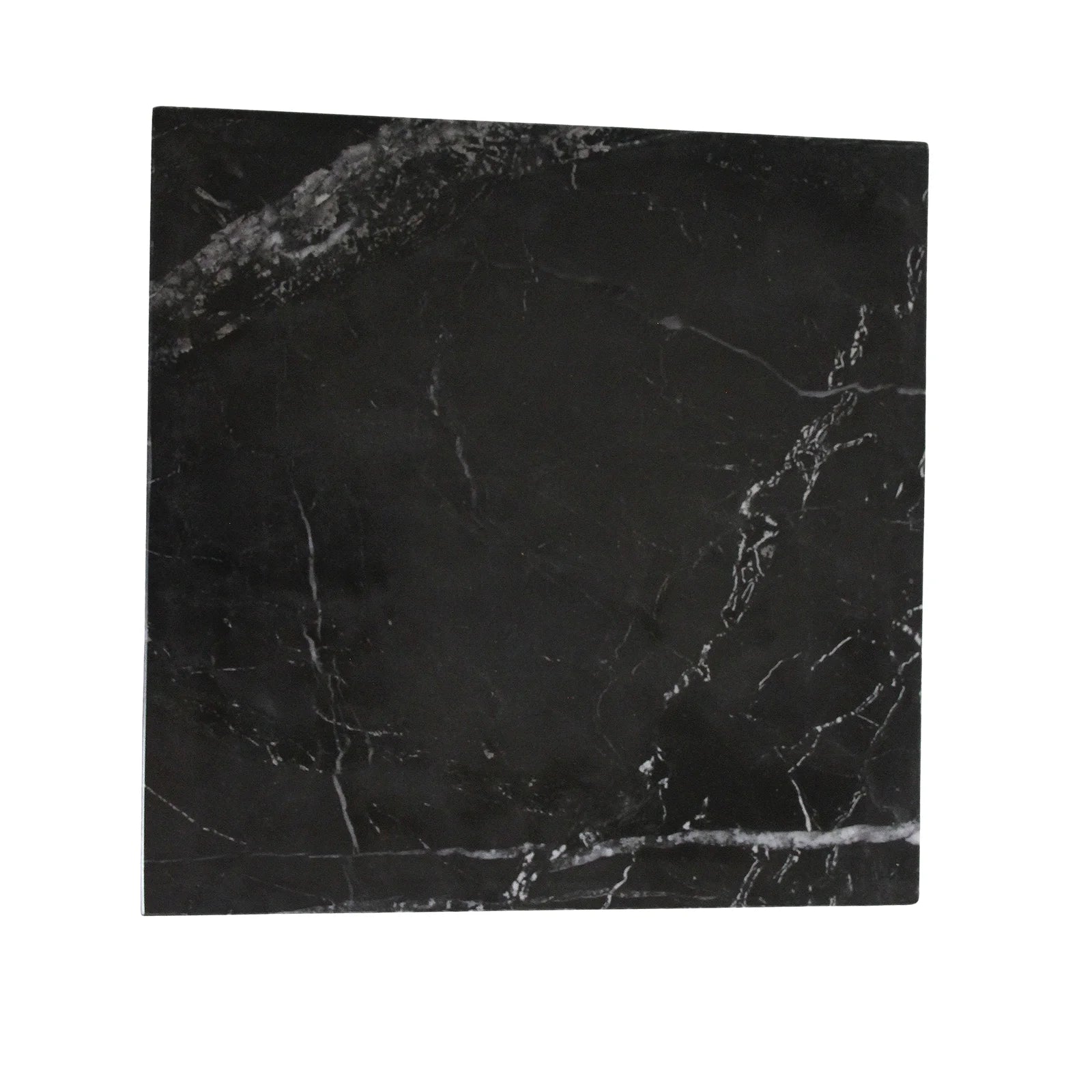 Table d’appoint carrée en marbre noir veiné blanc subtil, piètement croisé sculptural