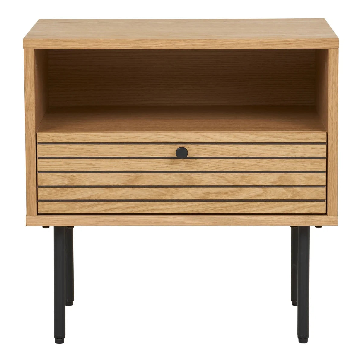 Table d’appoint moderne en chêne avec tiroir et pieds métal noir