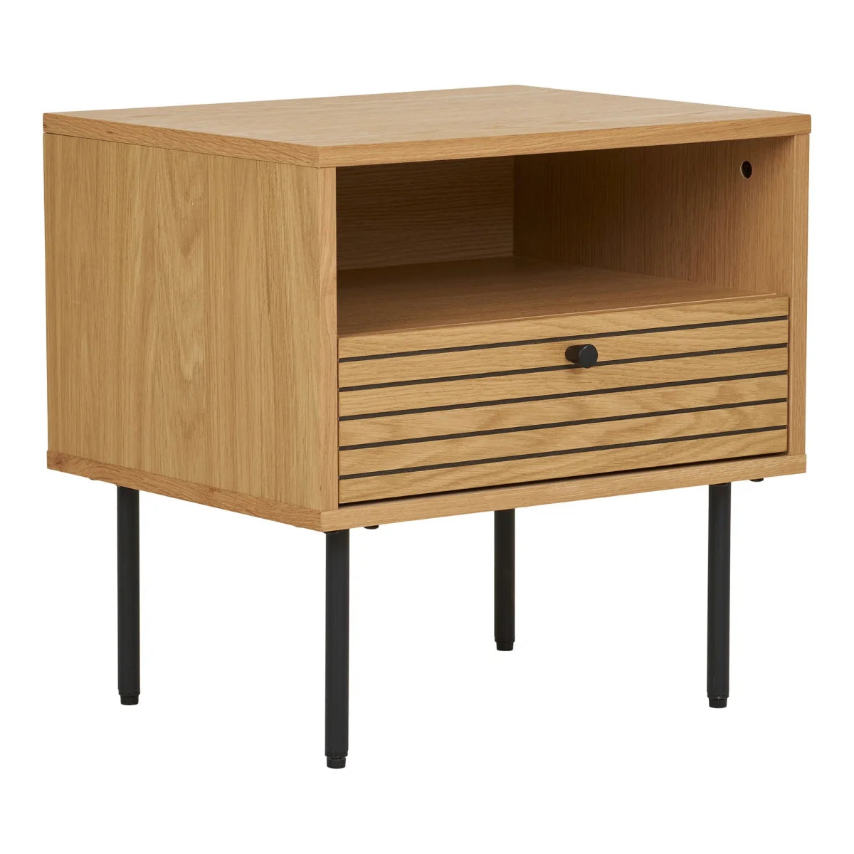 Table d’appoint en chêne clair avec tiroir ajouré et pieds métal noir