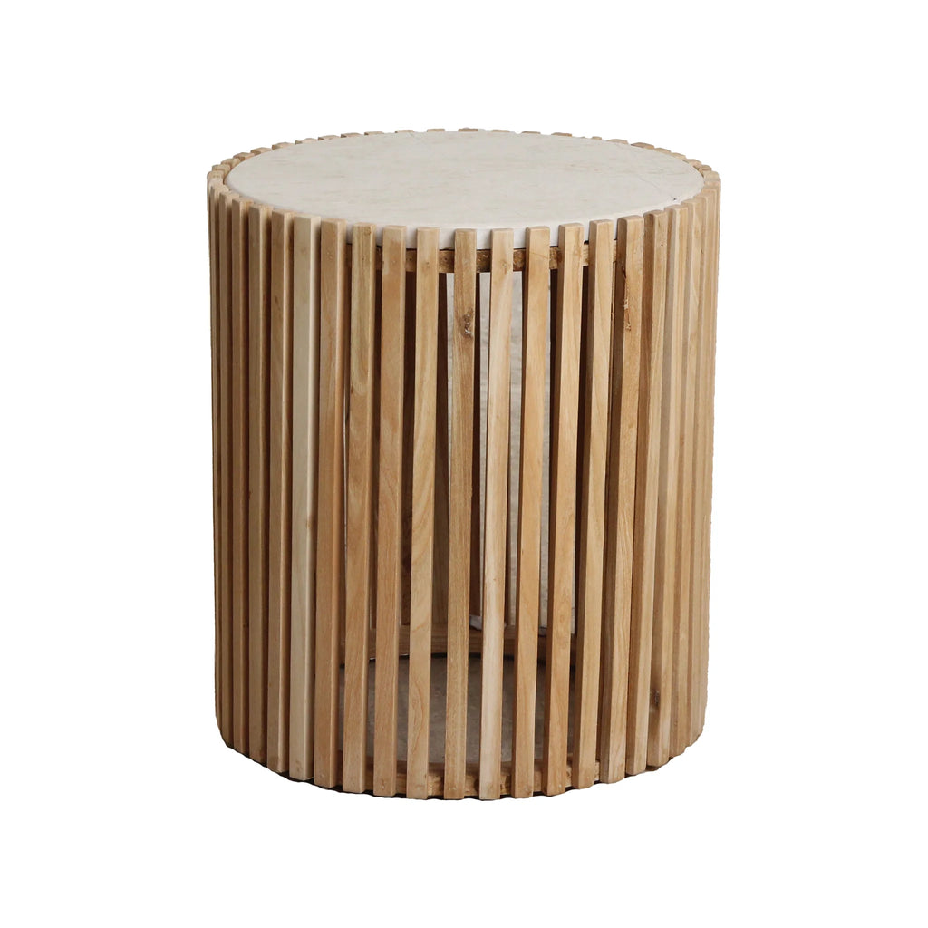 Table d’appoint Ø40 cm marbre blanc et bois naturel ajouré cylindrique