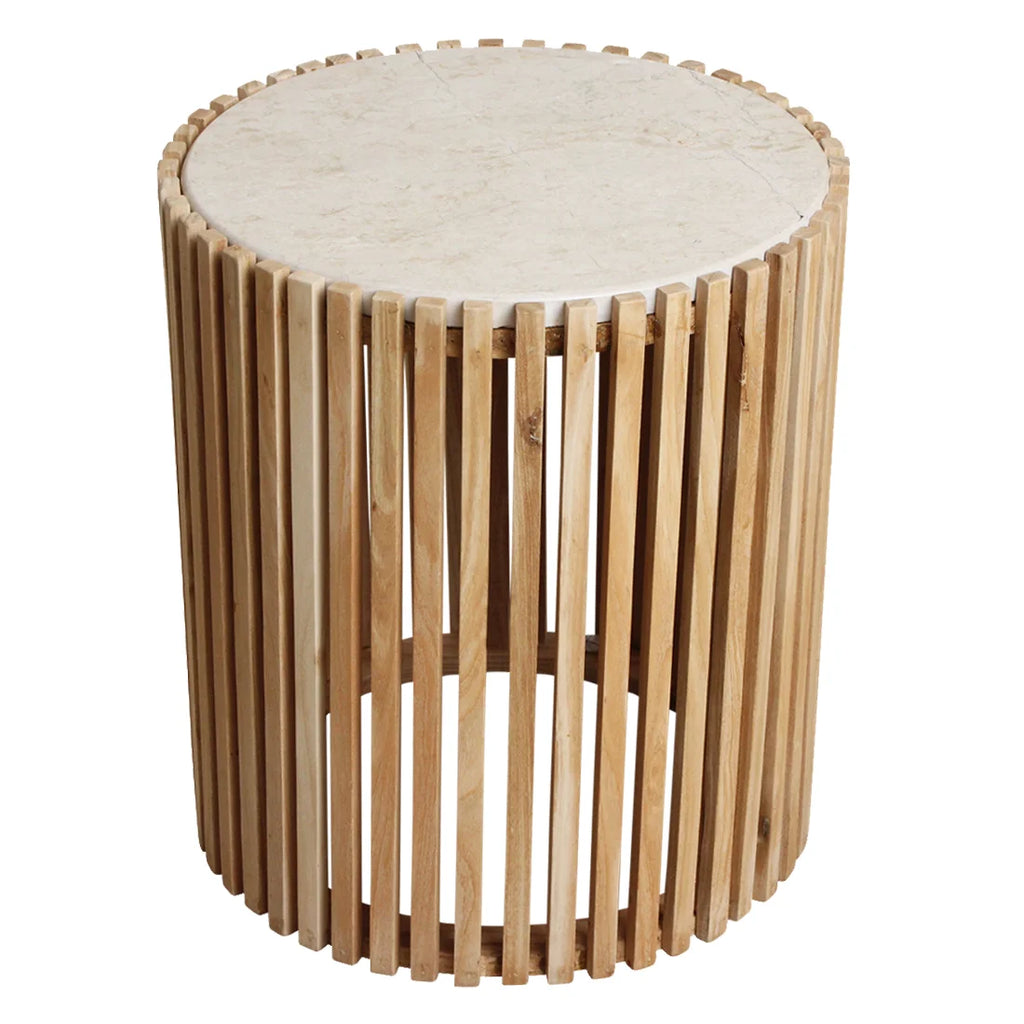 Table d’appoint marbre off-white et bois naturel ajouré Ø40 cm