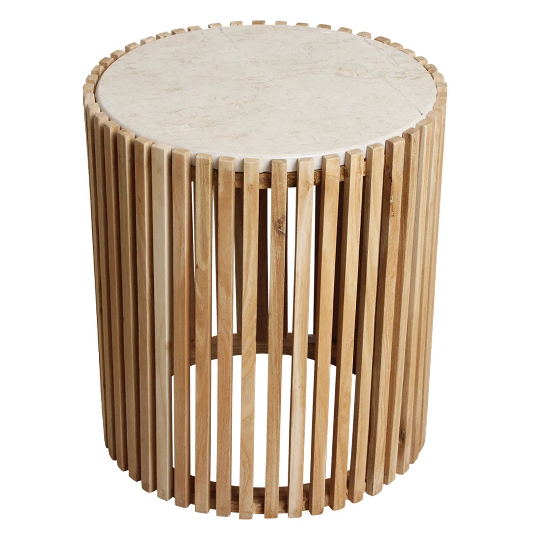 Table d’appoint marbre off-white et bois naturel ajouré Ø40 cm