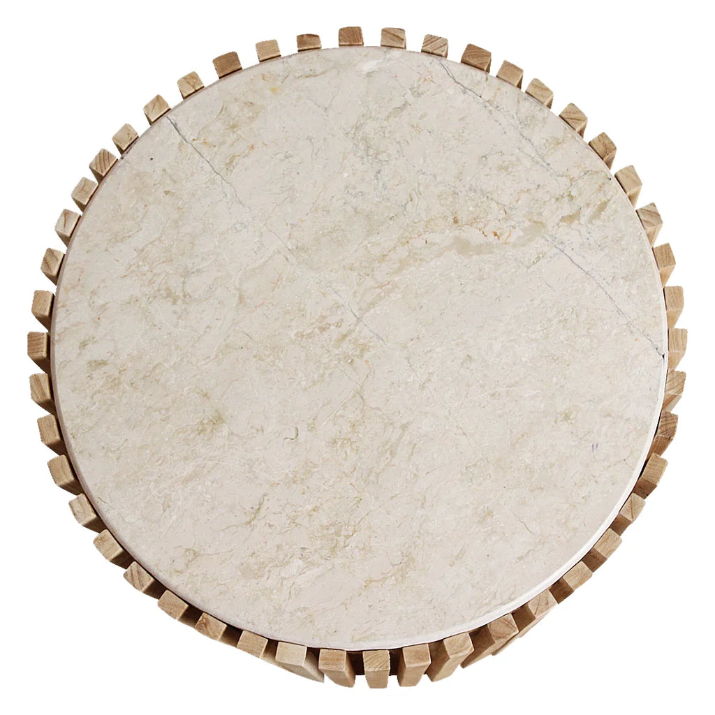 Table d’appoint ronde marbre beige bois naturel ajouré Ø40 cm