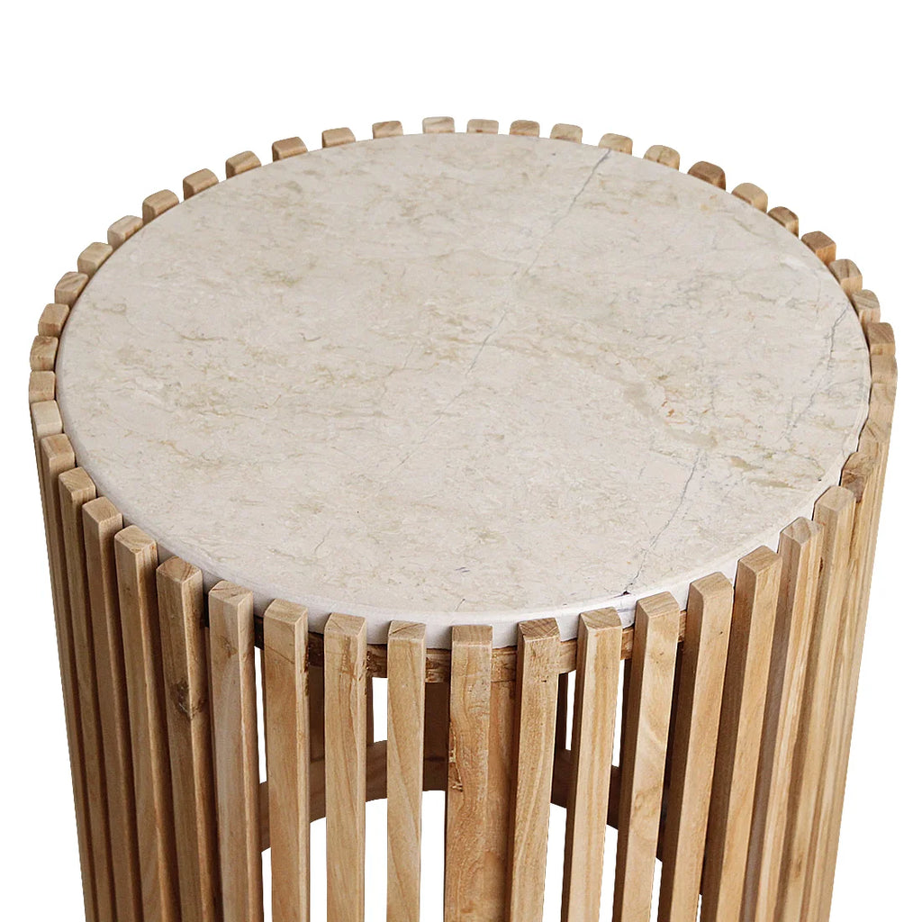 Table d’appoint ronde Ø40 cm marbre blanc crème et lattes bois naturel ajourées