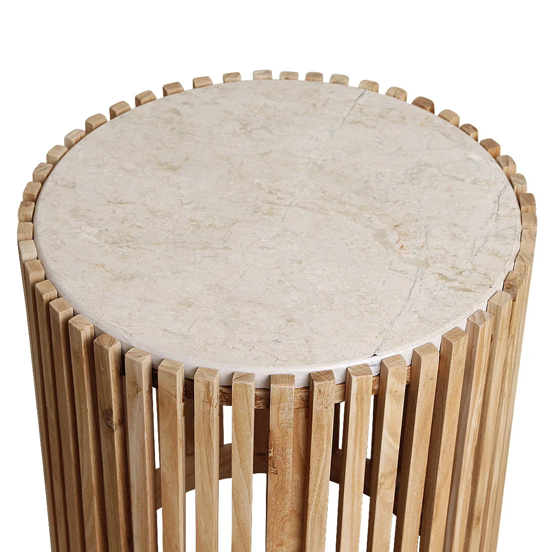 Table d’appoint ronde Ø40 cm marbre blanc crème et lattes bois naturel ajourées