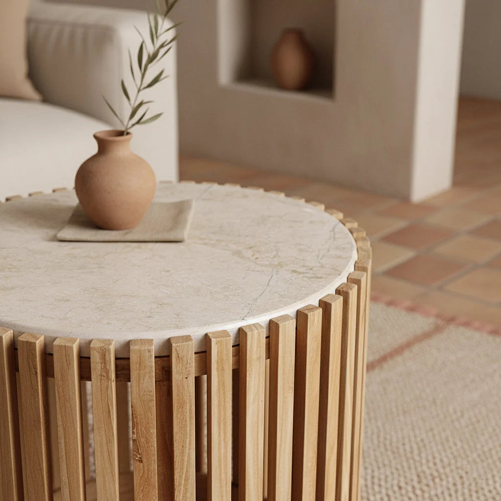 Table d’appoint ronde Ø40 cm marbre blanc et bois ajouré