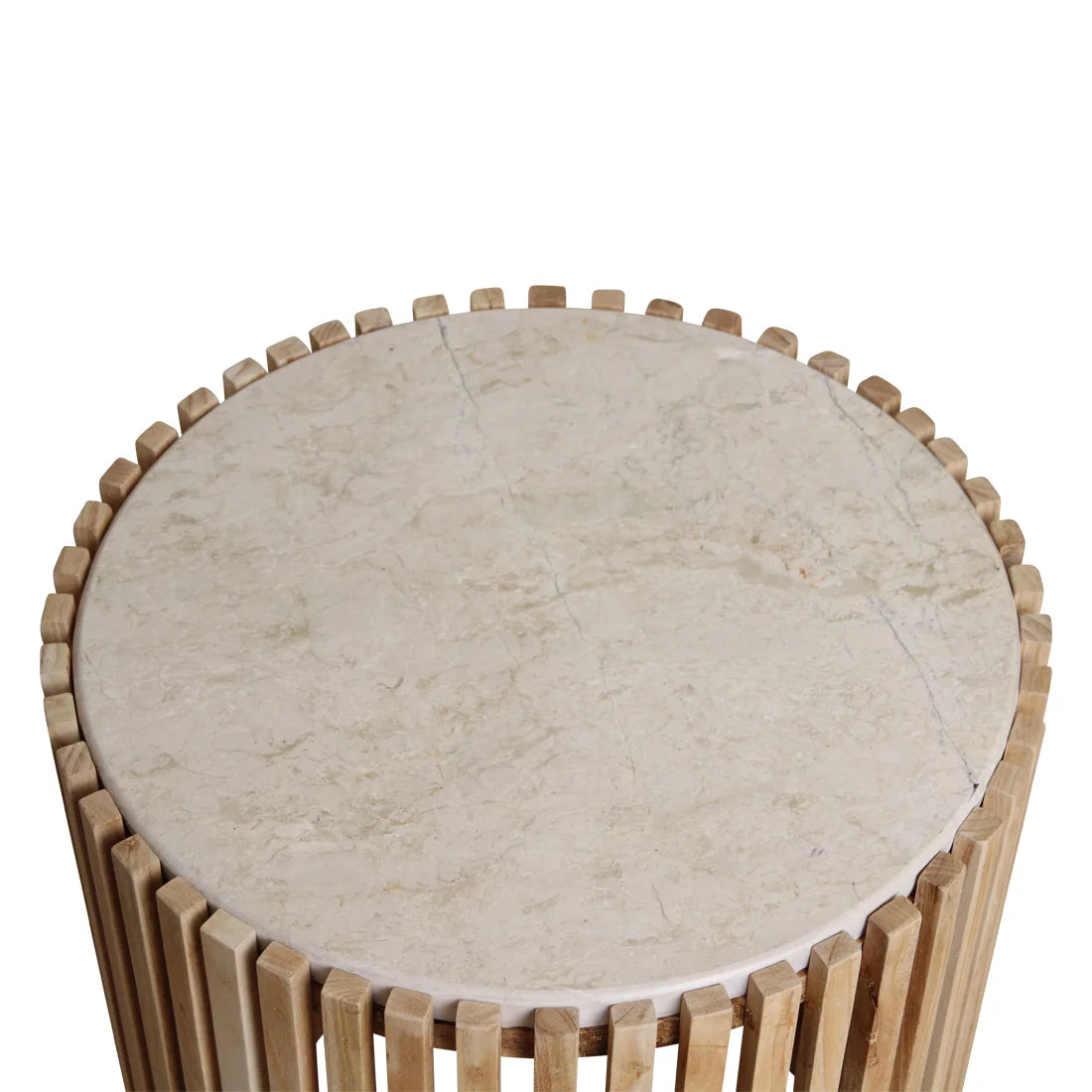 Table d’appoint ronde marbre blanc crème et bois naturel ajouré Ø40 cm
