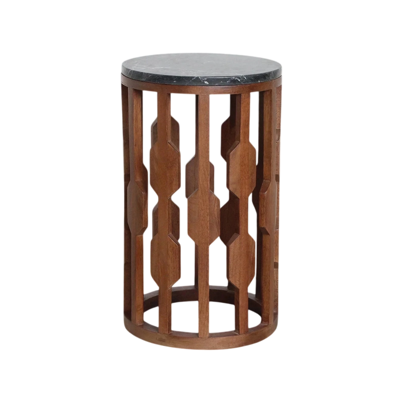 Table d’appoint marbre noir pied bois ajouré géométrique Ø40 cm