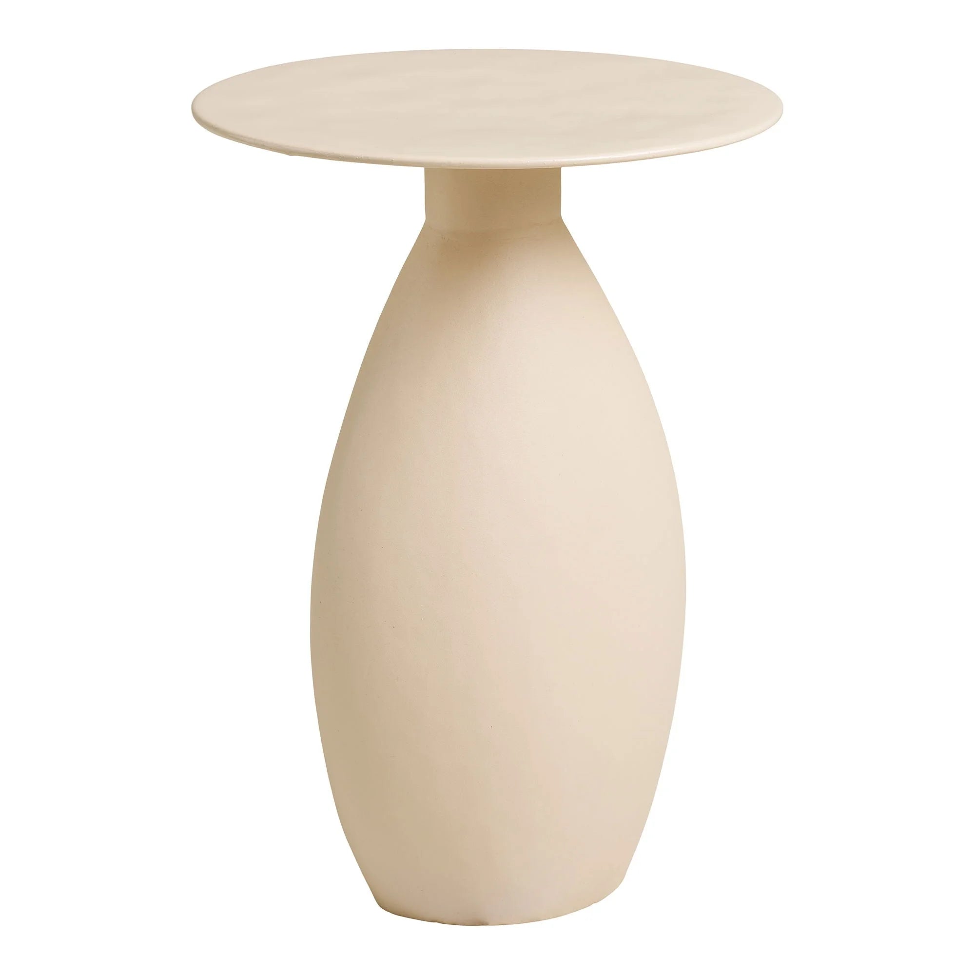 Table d’appoint en métal émaillé beige mat, forme sculpturale Ø36 cm