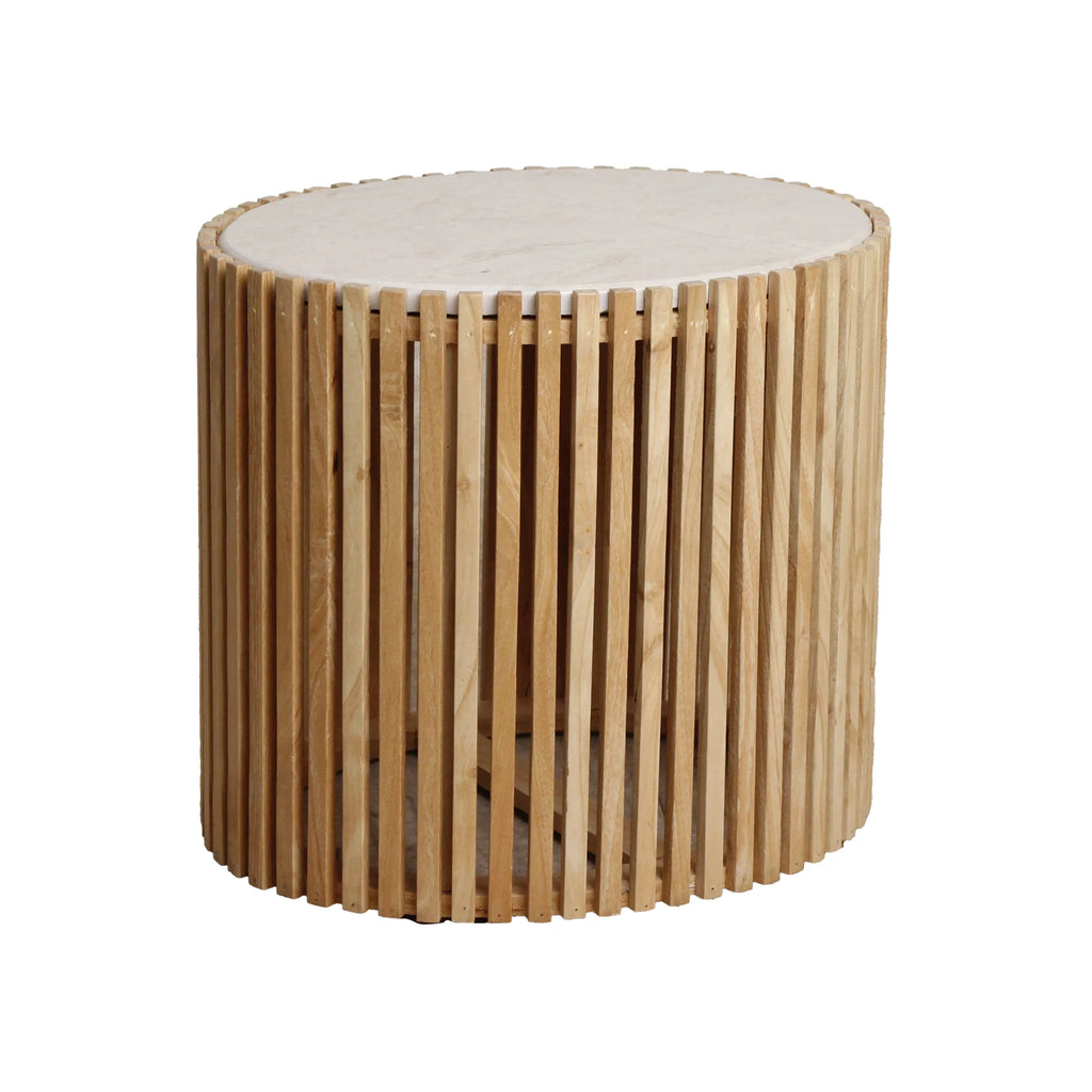 Table d’appoint ronde en bois clair et marbre blanc Ø42 cm