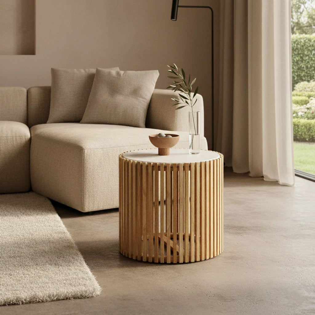 Table d’appoint ronde en bois clair et marbre blanc Ø42 cm
