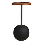 Table d’appoint ronde en bois chaud, tige laiton et base noire mate, Ø30xH56 cm