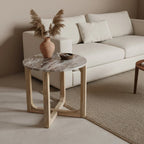 Table d’appoint ronde effet marbre blanc sur pieds bois clair, Ø50 cm