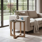 Table d’appoint ronde marbre et bois naturel 50x50 cm géométrique élégante